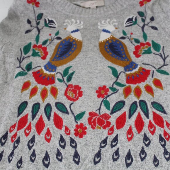 Loft Gray Embroidered Peacock Crew Neck Bell Sleeve Pullover Sweater Size S - Picture 2 of 7